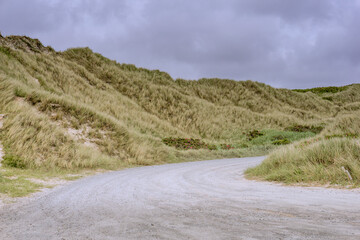 Road between grassy sand dunes