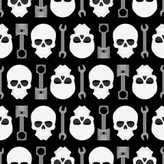 Skull and Engine piston pattern seamless. motorcycle pistons background. Car workshop texture
