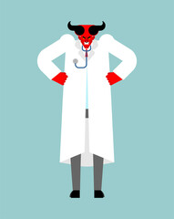 Devil doctor. Doctor Satan in white coat. Vector illustration