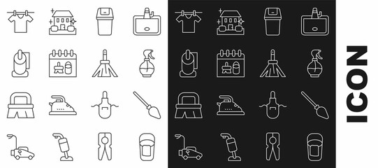 Set line Bucket with rag, Handle broom, Water spray bottle, Trash can, Cleaning calendar, Toilet paper roll, Drying clothes and icon. Vector