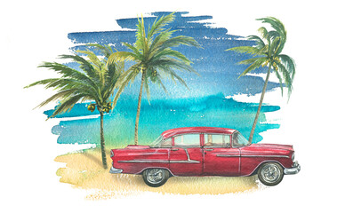 A tropical landscape with a red car and palm trees on the background of a sea beach. Watercolor illustration. Composition of a large set of CUBA. For the design and decoration of banners, postcards
