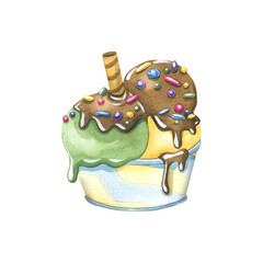 Ice cream balls in icing with pastry sprinkles and waffle tubes in a paper cup. Watercolor illustration. An isolated object from a large set of ICE CREAM. For the design and design of packaging, menus