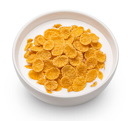 Corn flakes with milk isolated on white background