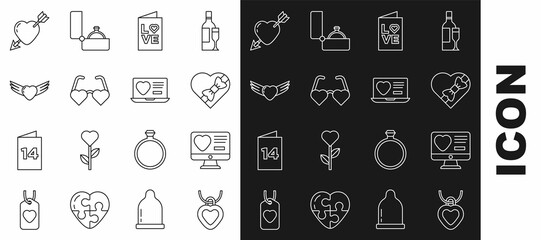 Set line Necklace with heart shaped, Dating app online, Candy box, Valentines day party flyer, Heart love glasses, wings, Amour arrow and icon. Vector