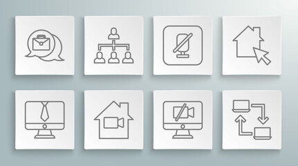 Set line Video chat conference, Hierarchy organogram chart, camera Off in home, computer, Online working, Mute microphone, and icon. Vector