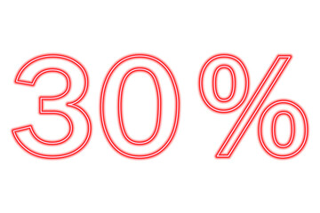 30 percent inscription isolated on white. Red line in neon style.