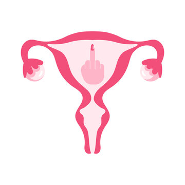 Women's rights. Uterus and the rude finger. Abortion protest flyer, choice campaign. Vector illustration isolated on white background.