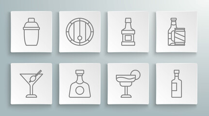 Set line Martini glass, Wooden barrel, Tequila bottle, Cocktail, Wine, Whiskey, Beer and beer can and shaker icon. Vector