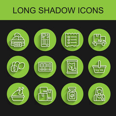 Set line Roasted turkey or chicken, Cash register machine, Wooden box for fruits, Coffee jar bottle, Seller, Barcode, Shopping basket and Canned food icon. Vector