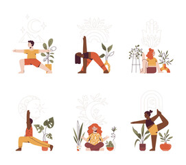 llustration set with kids do yoga exercises. Children in different yoga poses. Practicing meditation and stretching at home. Healthy lifestyle.