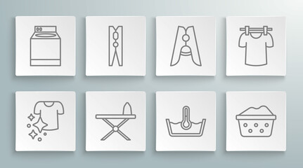 Set line Drying clothes, Clothes pin, Iron and ironing board, Temperature wash, Basin with soap suds, and Washer icon. Vector - obrazy, fototapety, plakaty