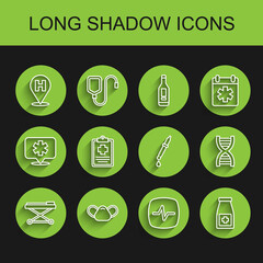 Set line Stretcher, Medical protective mask, Location hospital, Heart rate, Medicine bottle and pills, Patient record, DNA symbol and Pipette icon. Vector