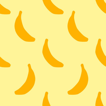 Yellow Bananas Seamless Pattern, in Flat Design Style. Hand Drawn Cartoon Banana Fruits on Yellow Background, Simple Repeating Design. Summer Illustration.
