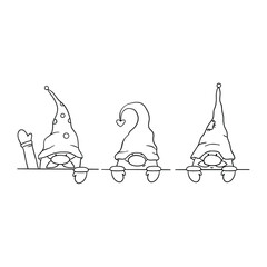 Peeking gnomes outline illustrations. Christmas tomte drawing for print design.