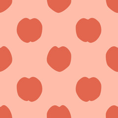 Orange Peach Fruit Seamless Pattern, in Flat Design Style. Hand Drawn Cartoon Peaches on Pink Background, Simple Tropical Design. Summer Illustration.
