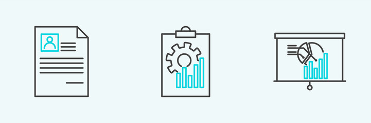 Set line Board with graph chart, Resume and Clipboard icon. Vector