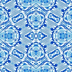Blue white watercolor azulejos tile background. Seamless coastal geometric floral mosaic effect. Ornamental arabesque all over summer fashion damask repeat