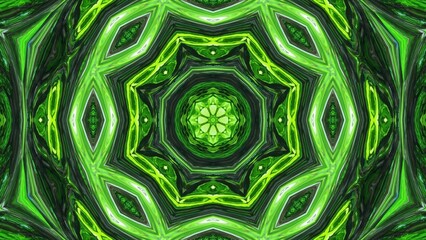 Stylish 3D abstract bg with wavy structure. Liquid green symmetrical pattern like kaleidoscope with waves of brilliant liquid glass with beautiful gradient colors. 3d render