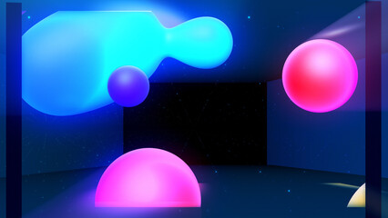 3d render. Spheres or balls in room merge like liquid wax drops or metaballs in-air. Liquid gradient of rainbow colors on drops with multi-colored glow, scattering light inside.
