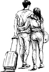 Hand sketch of a tourist couple. Vector illustration.