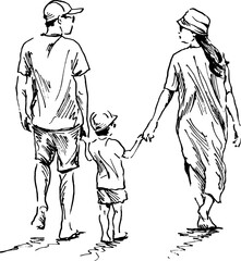 Hand sketch of a family on a walk. Vector illustration.