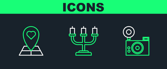 Set line Photo camera, Map pointer with heart and Candlestick icon. Vector