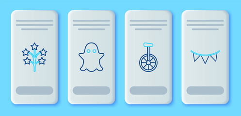 Set line Ghost, Unicycle or one wheel bicycle, Fireworks and Carnival garland with flags icon. Vector © Oksana