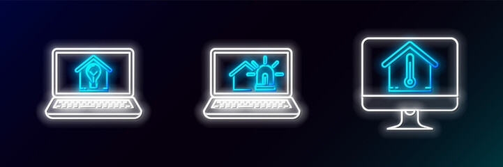 Set line Computer monitor with house temperature, Laptop smart and light bulb and alarm icon. Glowing neon. Vector