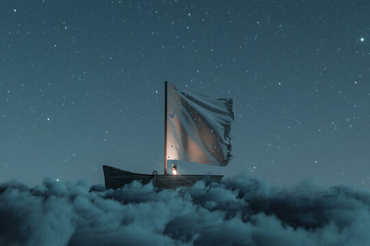 3d rendering of abandoned wooden boat with waving canvas over fluffy night clouds. Illuminated from a storm lantern