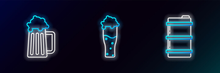Set line Metal beer keg, Wooden mug and Glass of icon. Glowing neon. Vector
