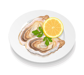 Oysters on a plate with lemon and herbs. Fresh sea delicacies. Seafood. Vector realistic illustration