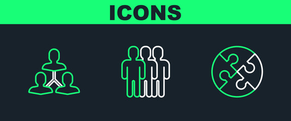 Set line Piece of puzzle, Project team base and Users group icon. Vector