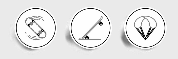 Obraz premium Set line Parachute, Skateboard trick and icon. Vector