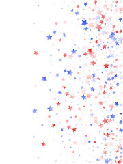 Flying red blue white star sparkles on white vector american patriotic background.
