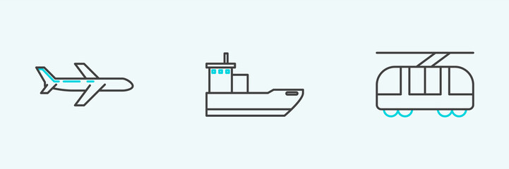 Set line Tram and railway, Plane and Cargo ship icon. Vector