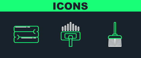 Set line Handle broom, Towel stack and Vacuum cleaner icon. Vector