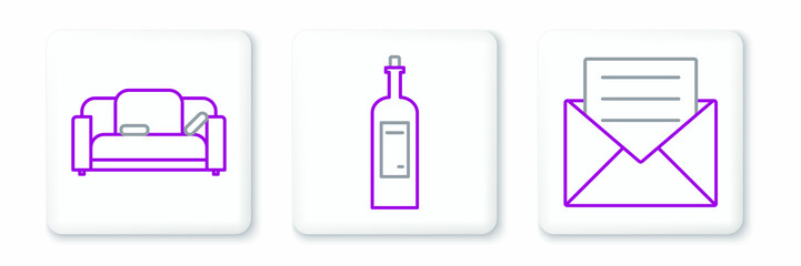 Set line Envelope with invitation card, Sofa and Bottle wine icon. Vector