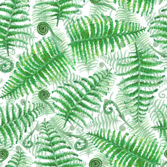 Seamless watercolor background with green fern branches