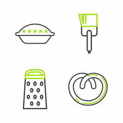 Set line Pretzel, Grater, Kitchen brush and Homemade pie icon. Vector