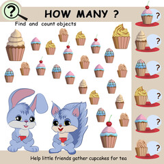 Find and count objects. Educational mathematical game for children. Vector illustration, rabbit, squirrel, cupcakes.
