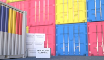 Box with PRODUCT OF ROMANIA text and cargo containers. 3D rendering