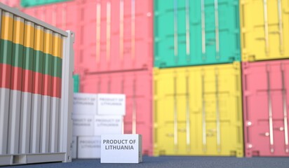 Carton with PRODUCT OF LITHUANIA text and many containers, 3D rendering