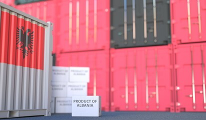 PRODUCT OF ALBANIA text on the cardboard box and cargo terminal full of containers. 3D rendering