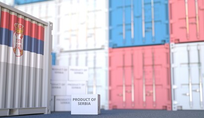 Carton with PRODUCT OF SERBIA text and many containers, 3D rendering