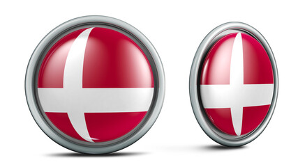 Denmark flag button. 3D illustration in 2 angles. Ideal for sports disputes. 3D render with saved clipping.