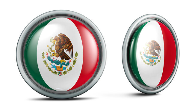 Mexico flag button. 3D illustration in 2 angles. Ideal for sports disputes. 3D render with saved clipping.