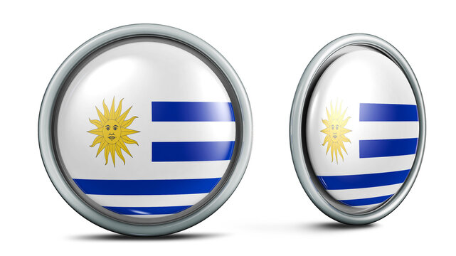 Uruguay flag button. 3D illustration in 2 angles. Ideal for sports disputes. 3D render with saved clipping.