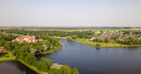 Fototapeta na wymiar Aerial view of Nesvizh Castle, Belarus. Medieval castle and palace. Restored medieval fortress. Heritage concepts.