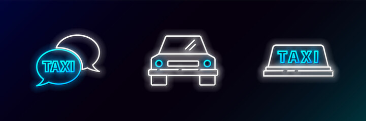 Set line Taxi car roof, call telephone service and Car icon. Glowing neon. Vector