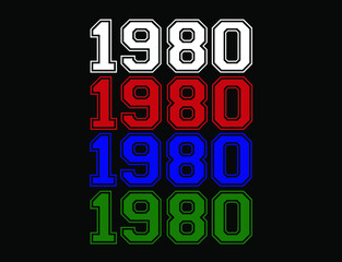 Year 1980 school font, numeral in white, red, blue and green in background black.